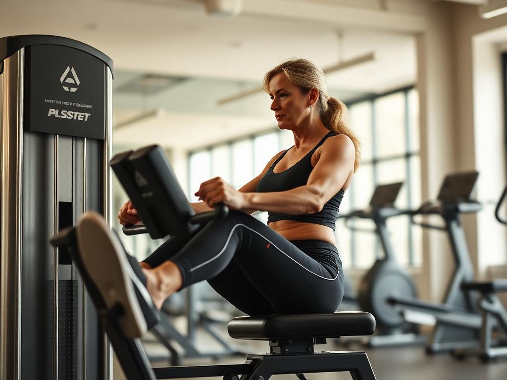Seated leg press machine in a gym