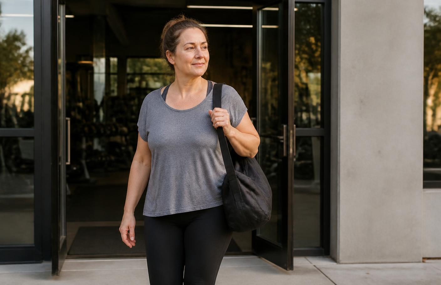 A person leaving a gym at the end of a session, looking calm and satisfied