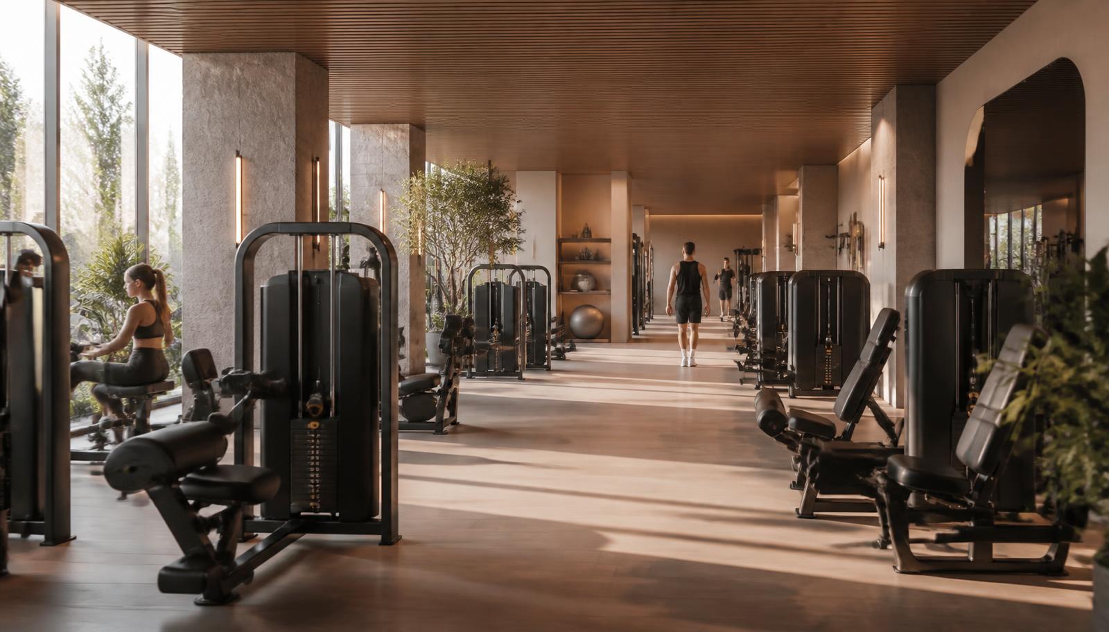 A calm modern gym with rows of resistance machines and morning light