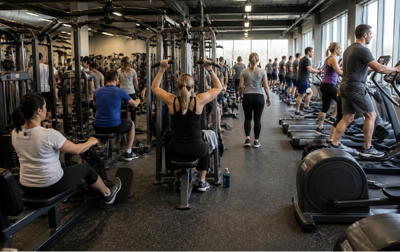 A busy commercial gym floor with people using cardio and resistance machines